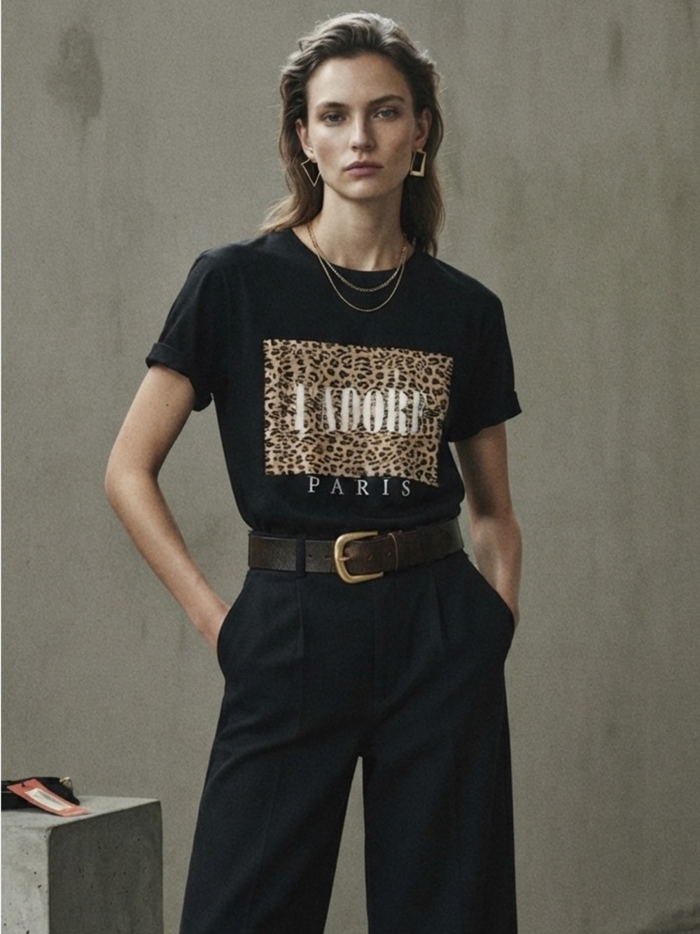 New Boohoo Black Cheetah Print J Adore Paris Cotton Crew Neck T-Shirt Size Small